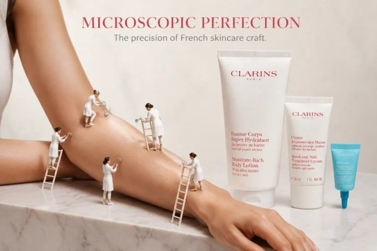 Three Clarins skincare products in white and red packaging arranged neatly on a clean white surface.