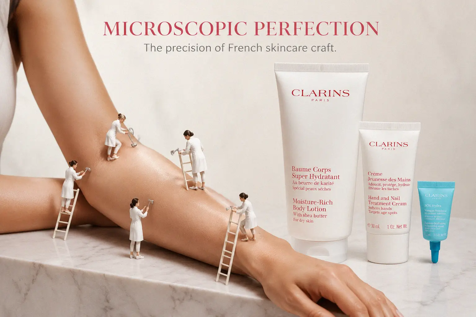 Three Clarins skincare products in white and red packaging arranged neatly on a clean white surface.
