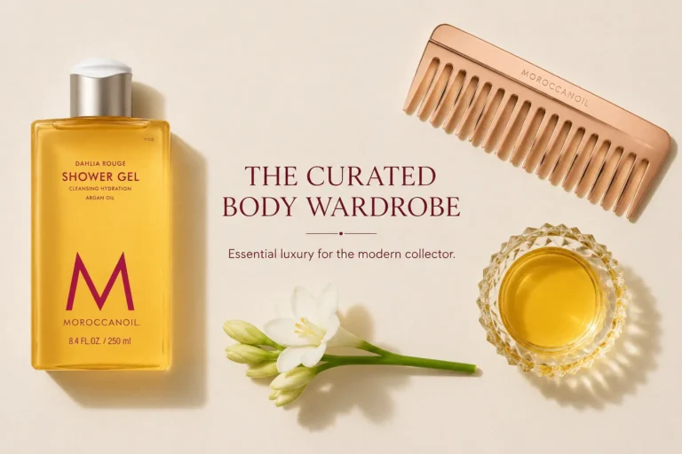 Moroccanoil Dahlia Rouge Shower Gel in a sleek bottle, highlighting the premium bath and body packaging.