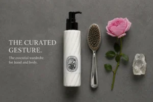 White Diptyque Eau Rose lotion bottle with elegant black and white label on a marble vanity.