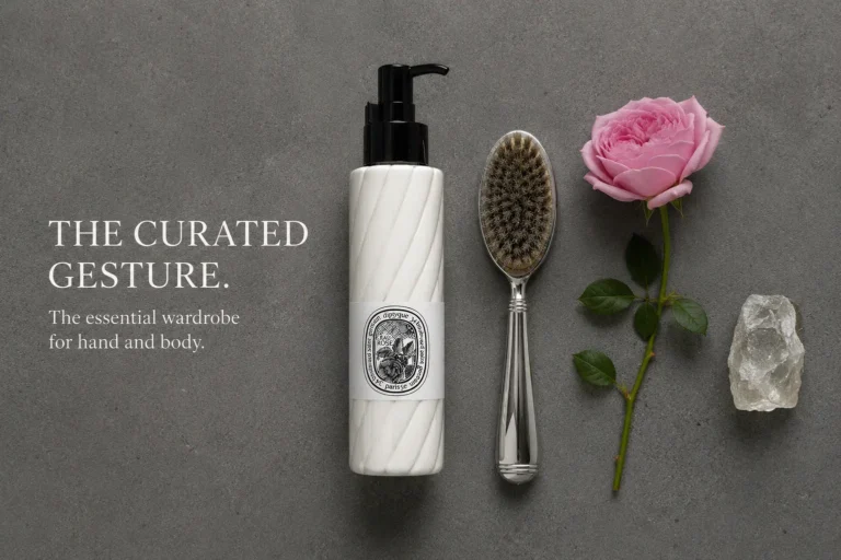White Diptyque Eau Rose lotion bottle with elegant black and white label on a marble vanity.