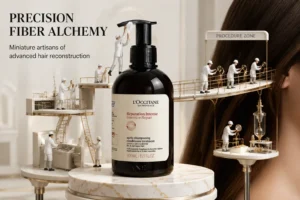 L'Occitane Intensive Repair Conditioner bottle with herbal ingredients on a marble bathroom counter.