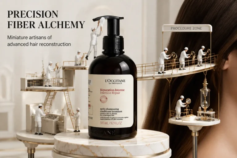 L'Occitane Intensive Repair Conditioner bottle with herbal ingredients on a marble bathroom counter.