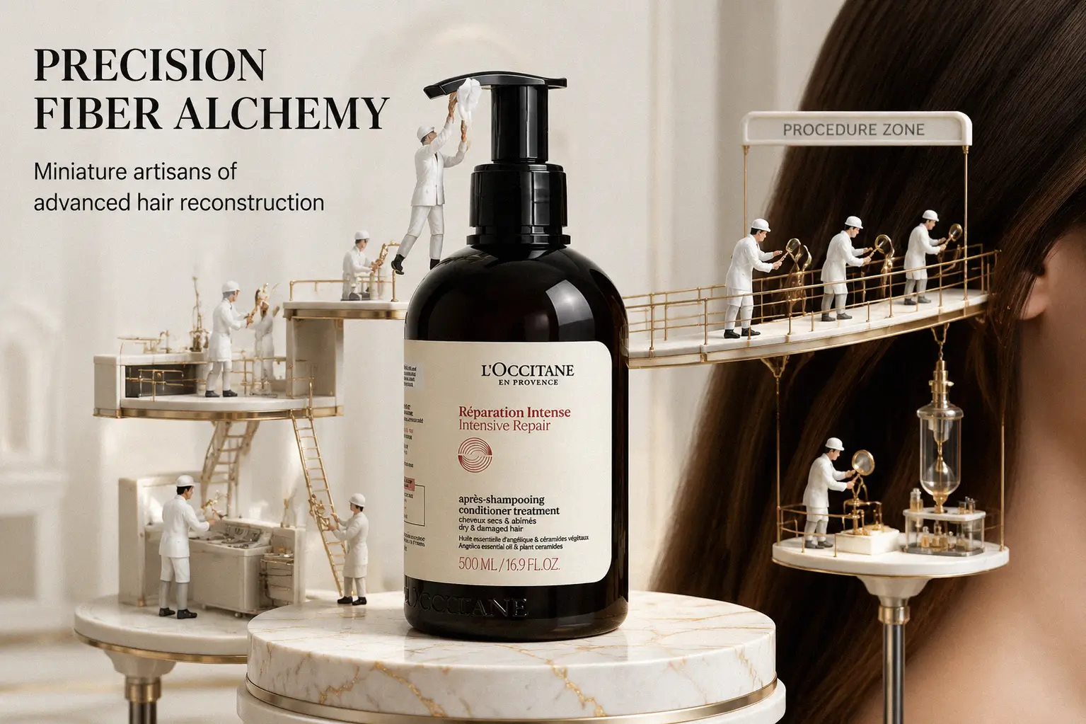 L'Occitane Intensive Repair Conditioner bottle with herbal ingredients on a marble bathroom counter.