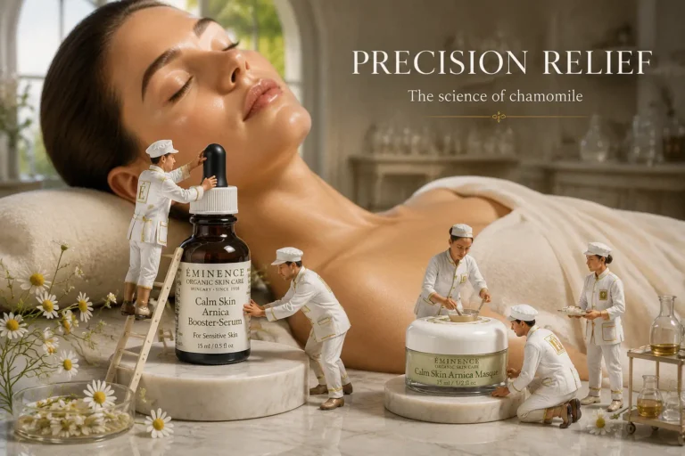 Four Eminence Organic skincare bottles and tubes arranged neatly next to a woven faux leather travel bag.
