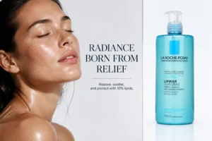 Large pump bottle of La Roche-Posay Lipikar Surgras Shower Cream on a clean bathroom shelf.