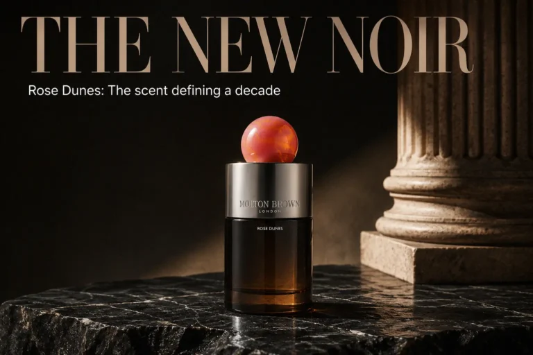 Molton Brown Rose Dunes perfume bottle with a glass body and a signature textured sphere cap on a neutral background.