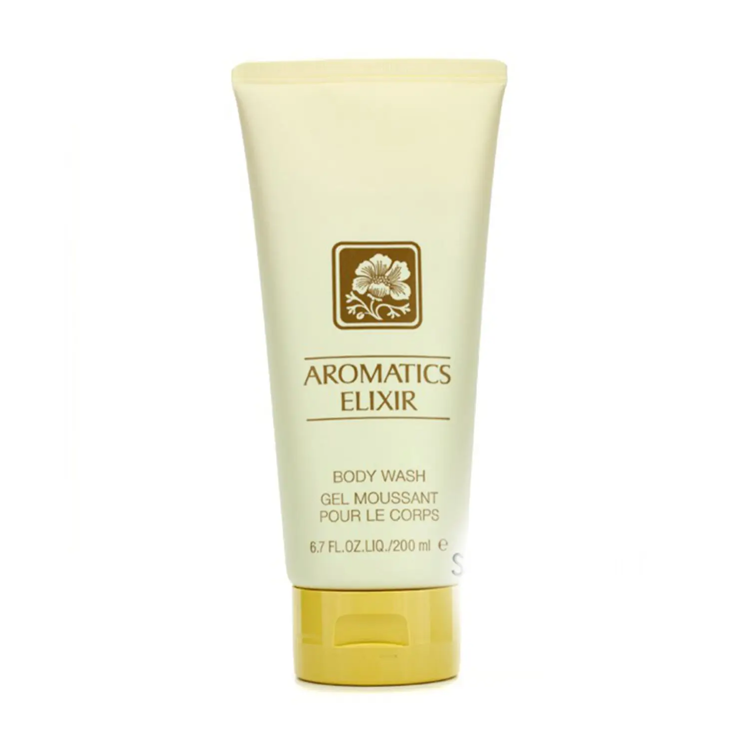 The shimmering gold texture of Clinique Aromatics Elixir Body Wash in a luxury bathroom setting