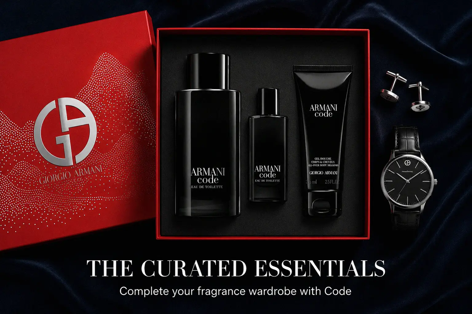 Armani Code fragrance set featuring a black cologne bottle, travel spray, and body shampoo tube.