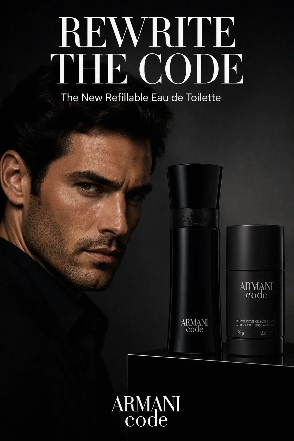 Close up of the Armani Code refillable bottle and deodorant