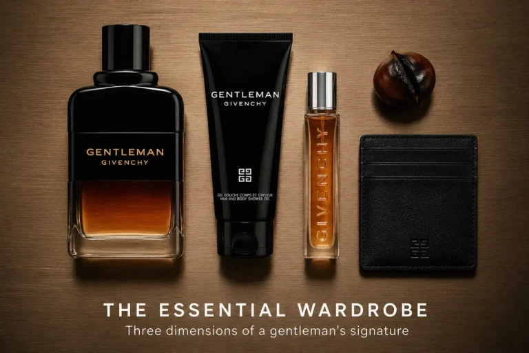 Three-piece Givenchy Gentleman Reserve Privée set with a glass bottle, travel spray, and black shower gel tube.