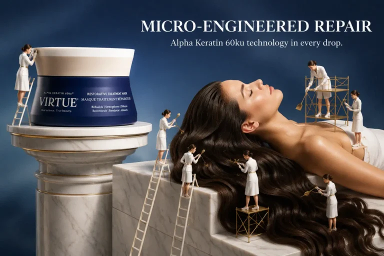 A premium jar of Virtue Restorative Treatment Mask displayed on a clean white countertop.