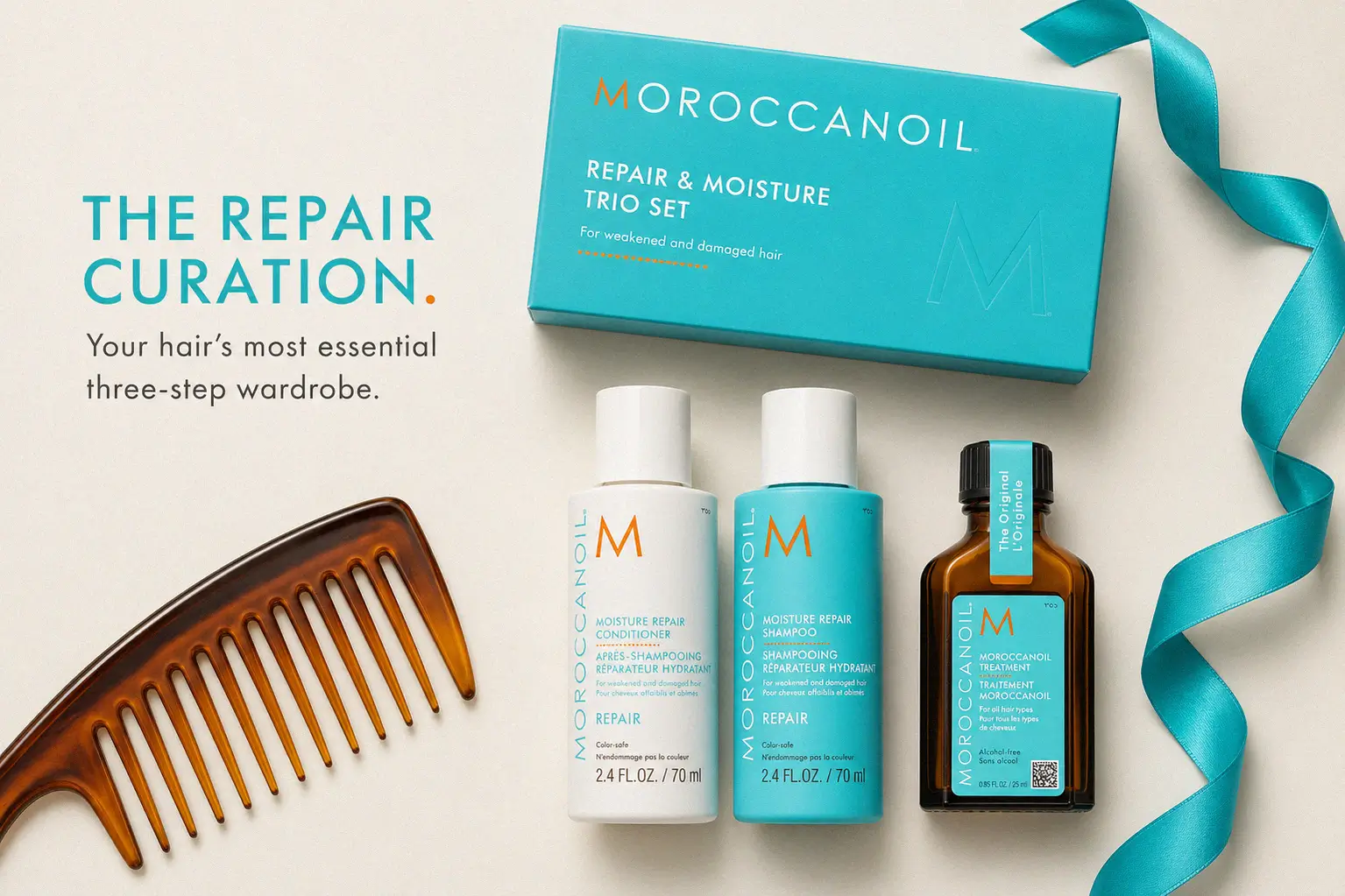 A blue Moroccanoil Repair & Moisture Trio Set box featuring shampoo, conditioner, and oil treatment on a shelf.