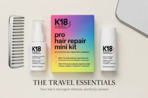 K18 Pro Hair Repair Mini Kit featuring a small detox shampoo bottle and a white molecular repair mask tube.