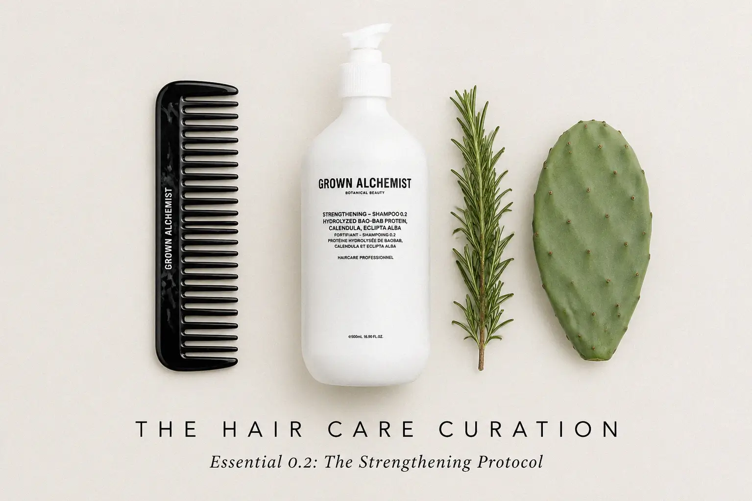 16.9 oz bottle of Grown Alchemist Strengthening Shampoo 0.2 with botanical ingredients on a minimalist vanity.