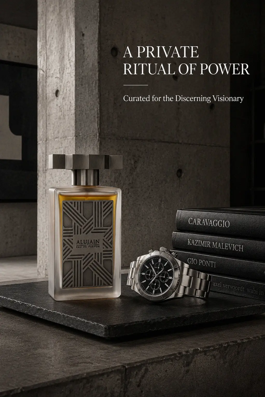 Luxury fragrance bottle with ornate metallic cap
