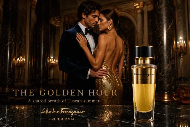 A luxury glass perfume bottle with gold accents and a signature cap sits on a clean surface.