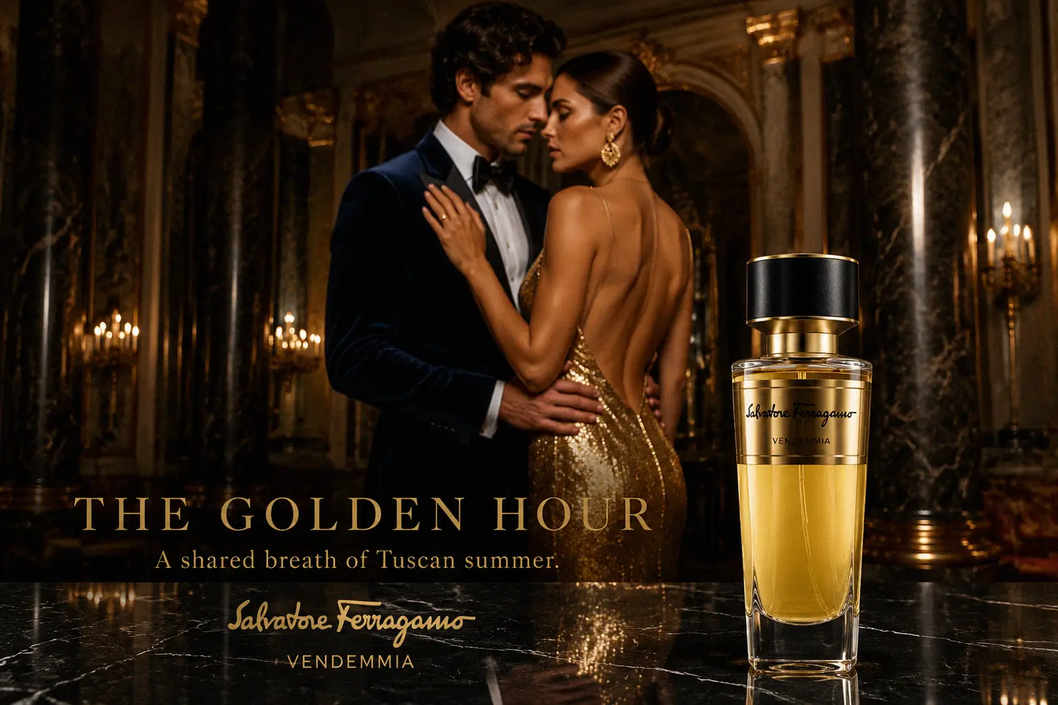 A luxury glass perfume bottle with gold accents and a signature cap sits on a clean surface.