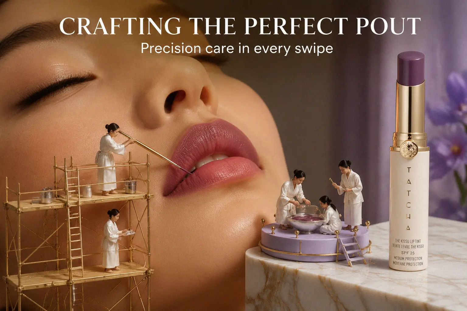 Tatcha Kissu Lip Tint SPF 25 in an elegant aluminum tube against a soft neutral background.