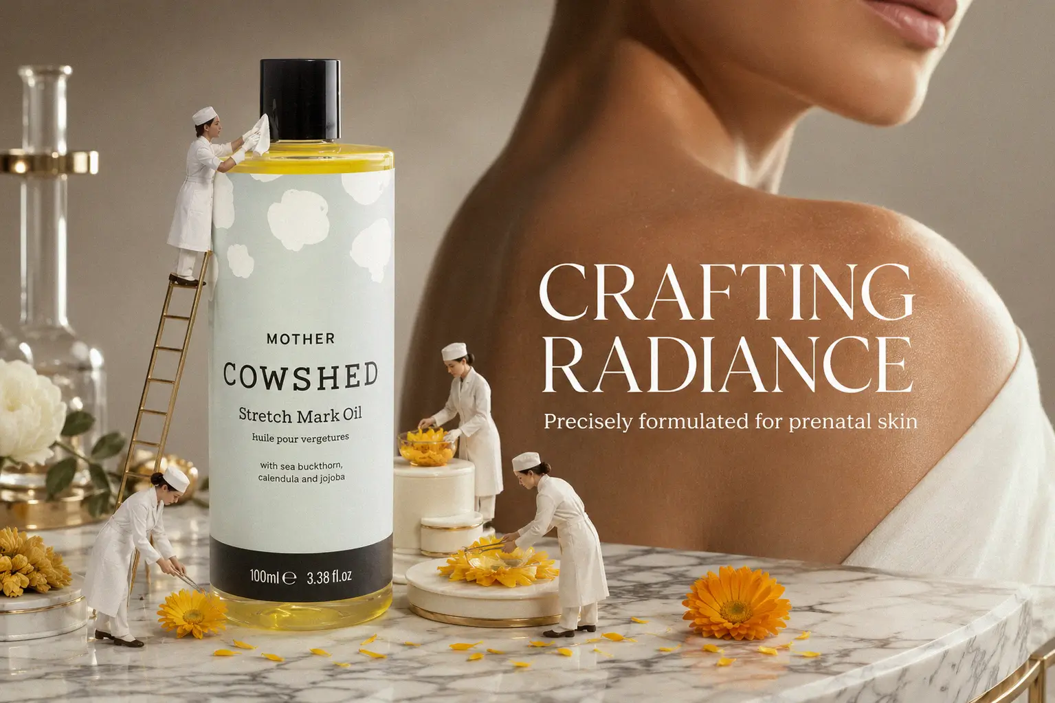 Cowshed Mother Stretch Mark Oil bottle with floral accents, emphasizing its premium spa-inspired packaging.