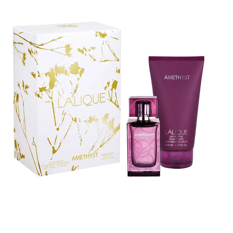The Lalique Amethyst Gift Set box and bottle on a luxury display