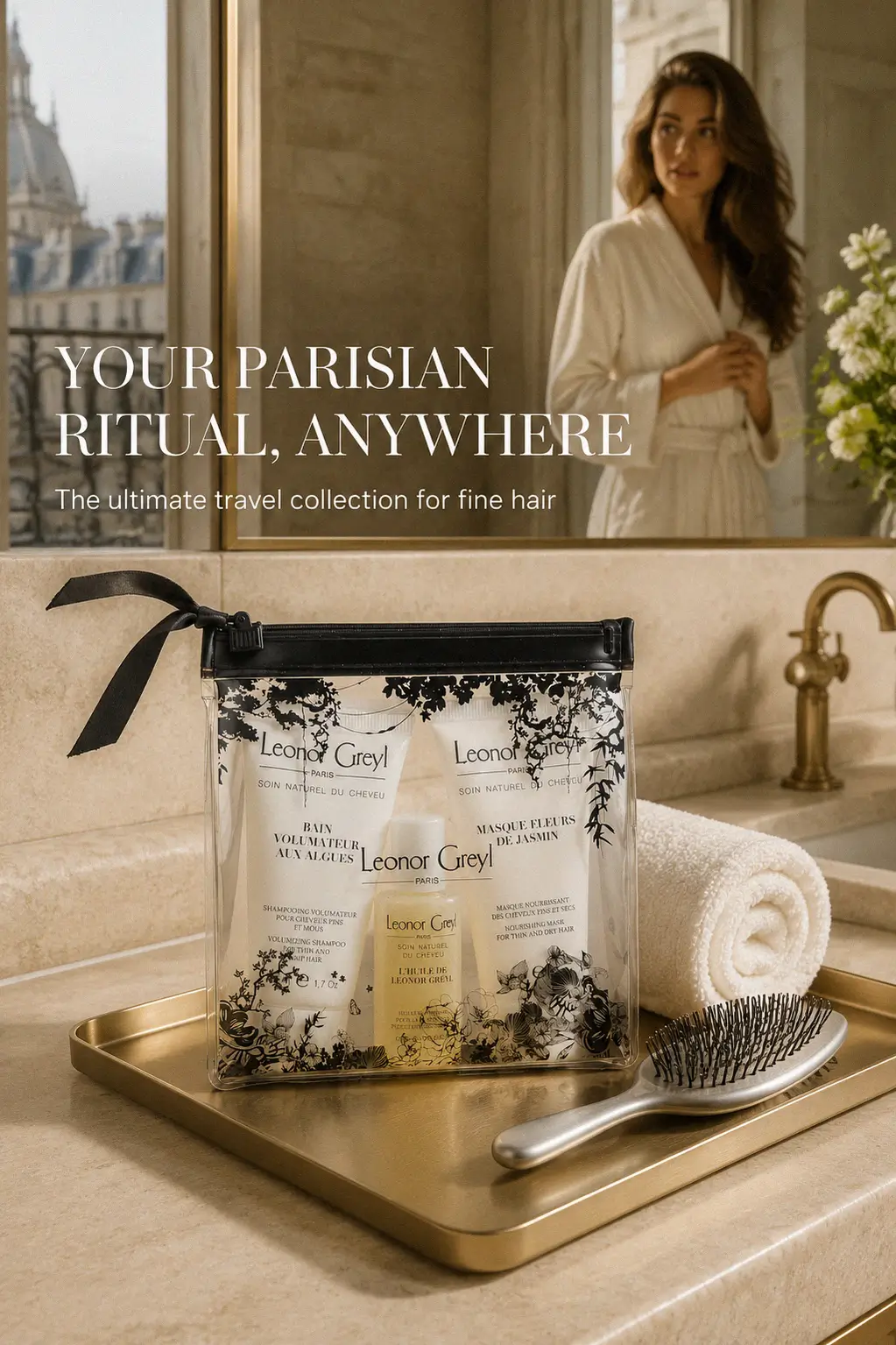 Luxury hair care travel set bottles and pouch