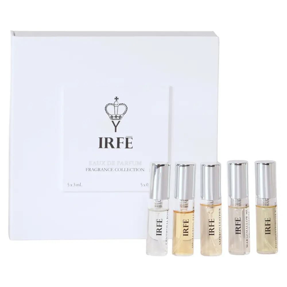 The Maison IRFE Discovery Set perfume vials on a luxury display