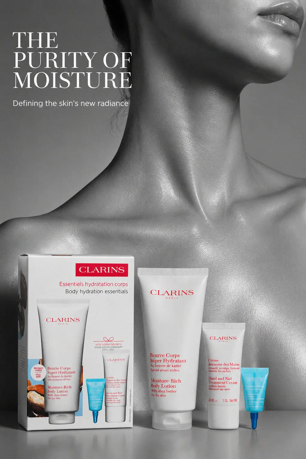 A close up of the rich textures in the Clarins moisturising collection