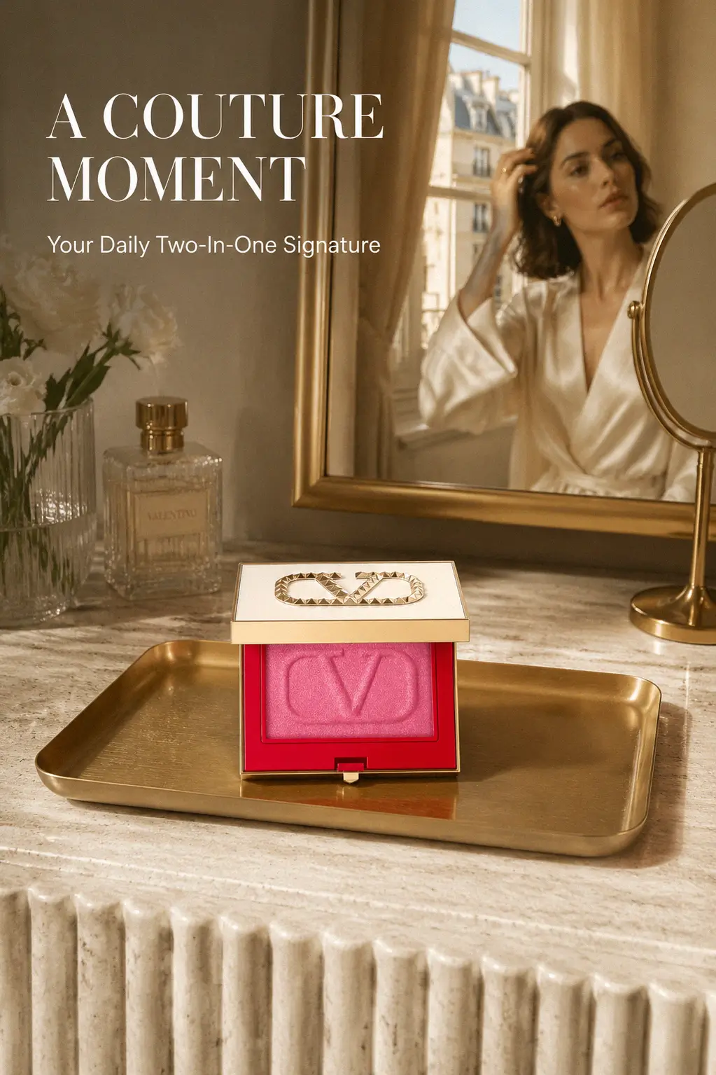 Valentino Eye2Cheek compact on a luxury vanity
