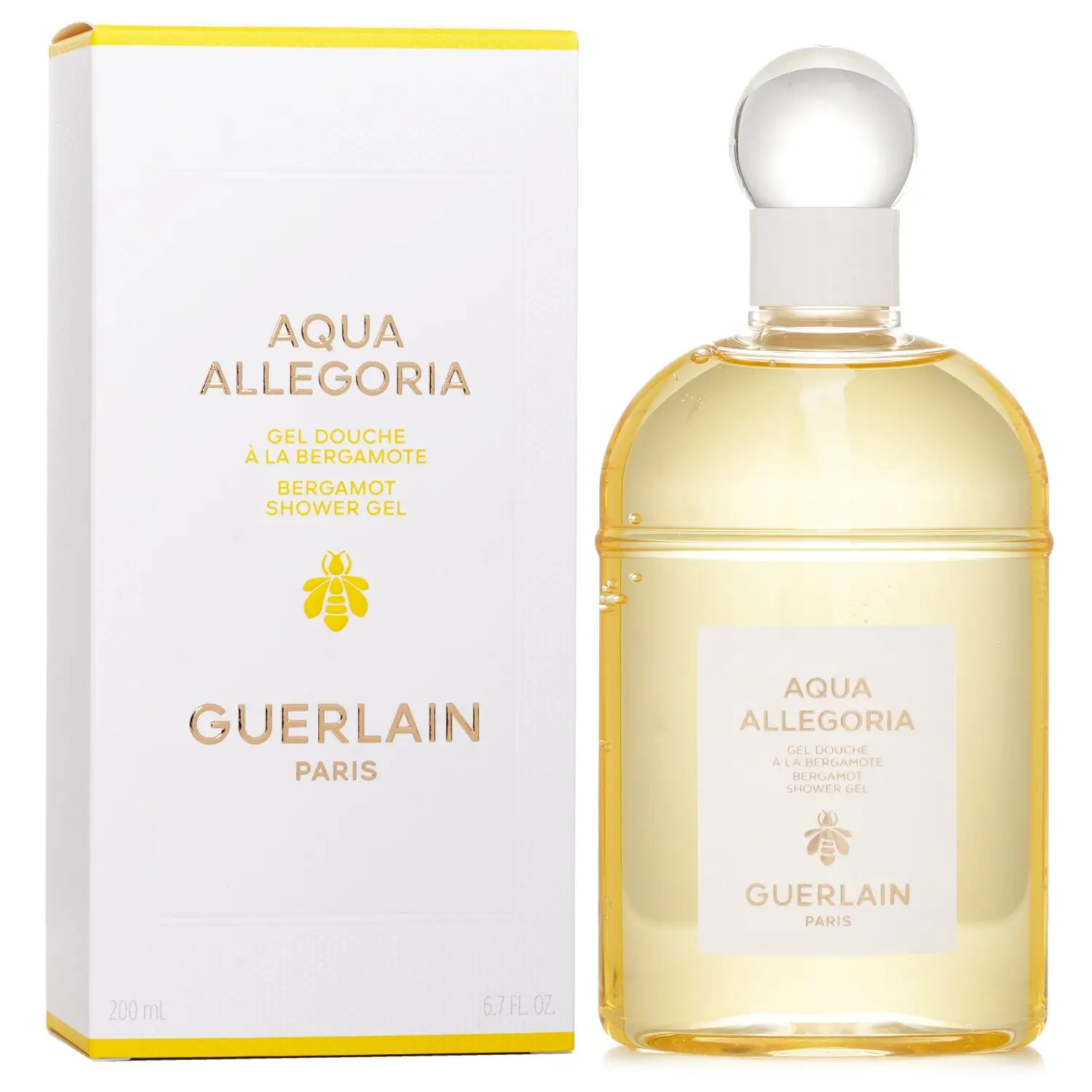 A bottle of Guerlain Aqua Allegoria Bergamote Shower Gel on a marble vanity