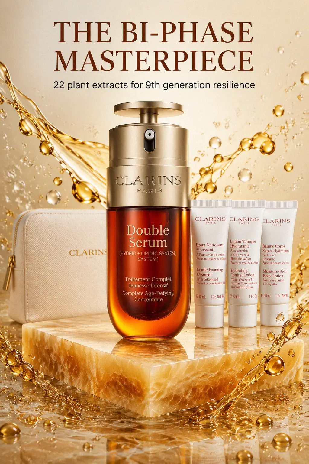 Luxury skincare bottles on a marble vanity