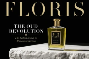 Clear glass bottle of Honey Oud perfume with a gold cap and luxury Floris London label.
