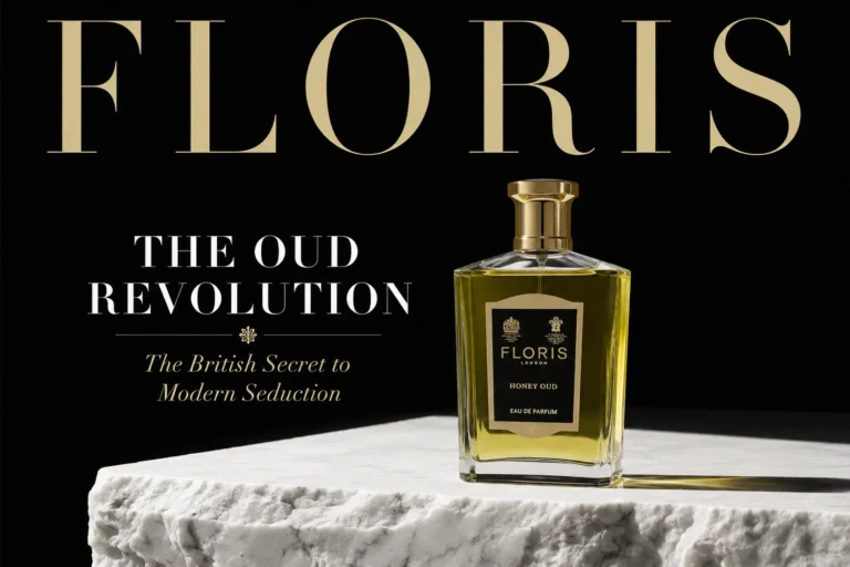 Clear glass bottle of Honey Oud perfume with a gold cap and luxury Floris London label.
