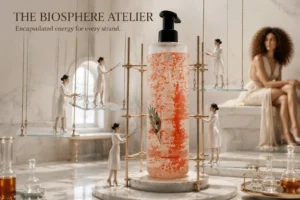 Bottle of Rene Furterer Tonucia Replumping Shampoo on a marble bathroom vanity with green accents.