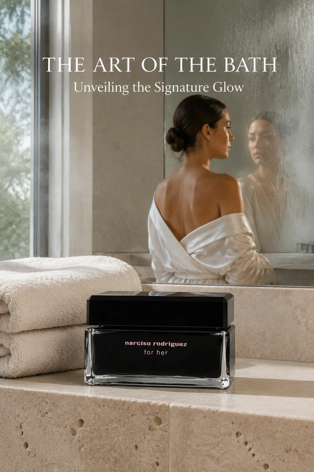 Narciso Rodriguez For Her Body Cream jar on a vanity