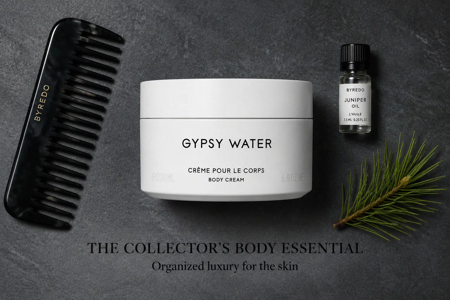 Minimalist white jar of Byredo Gypsy Water Body Cream resting on a clean, light marble surface.