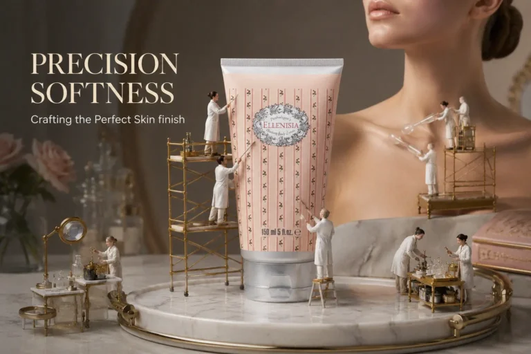 A 150ml jar of Penhaligon's Ellenisia Hand & Body Cream on a white marble vanity shelf.