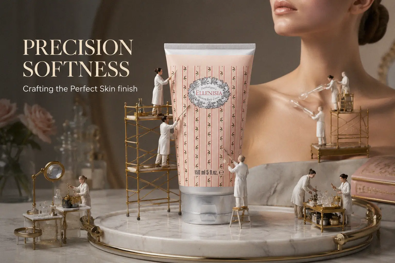 A 150ml jar of Penhaligon's Ellenisia Hand & Body Cream on a white marble vanity shelf.
