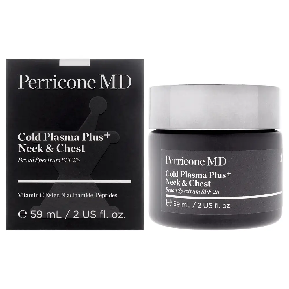 The whipped texture of Perricone MD Cold Plasma Plus+ Neck & Chest SPF 25 on a vanity