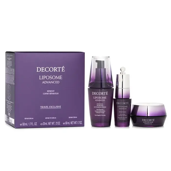 The Decorté Liposome Advanced Repair Set displayed on a marble vanity