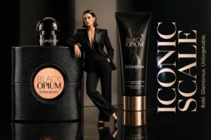 Yves Saint Laurent Black Opium Gift Set featuring a dark glittery perfume bottle and matching lotion tube.