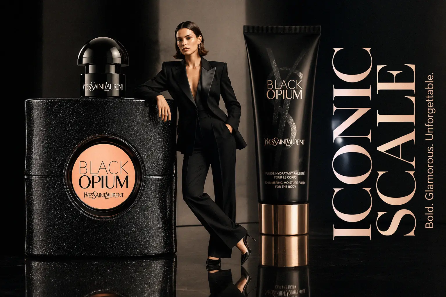 Yves Saint Laurent Black Opium Gift Set featuring a dark glittery perfume bottle and matching lotion tube.