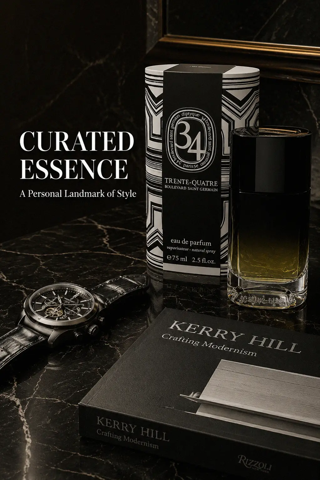 A close up of the Diptyque perfume label with amber light