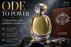 A sleek 2.4 oz bottle of Al Haramain Ode Of Oudh fragrance set against a minimalist dark wood background.