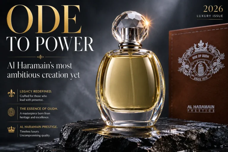A sleek 2.4 oz bottle of Al Haramain Ode Of Oudh fragrance set against a minimalist dark wood background.
