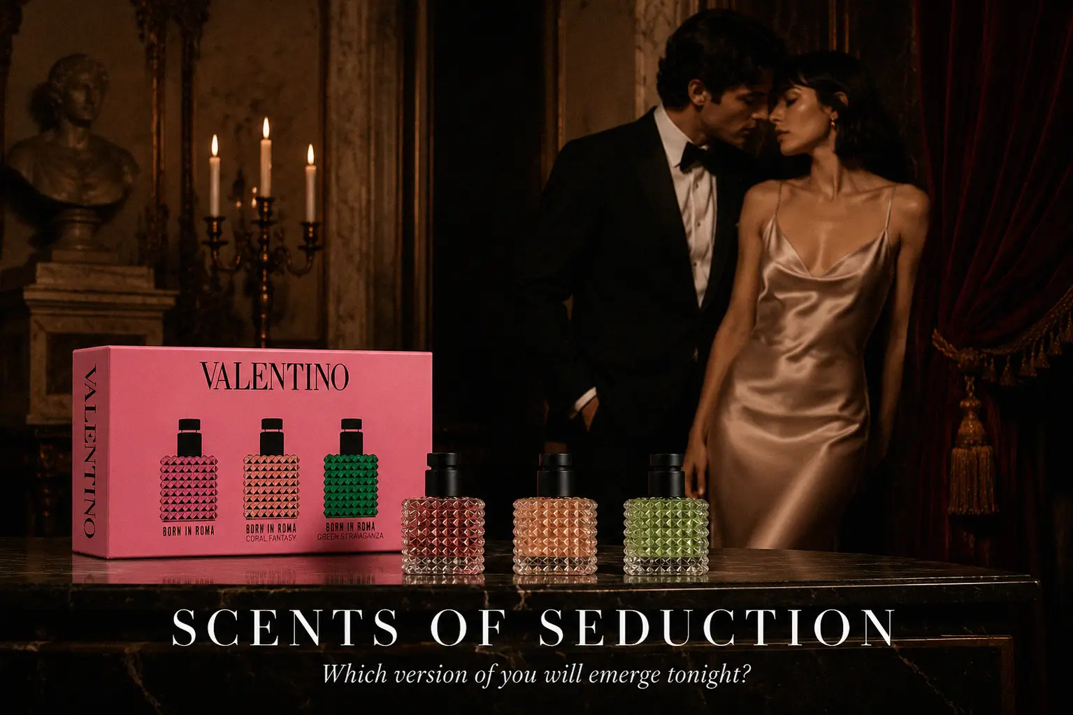 Three miniature Valentino perfume bottles with gold caps and textured pyramid designs in a pink box.