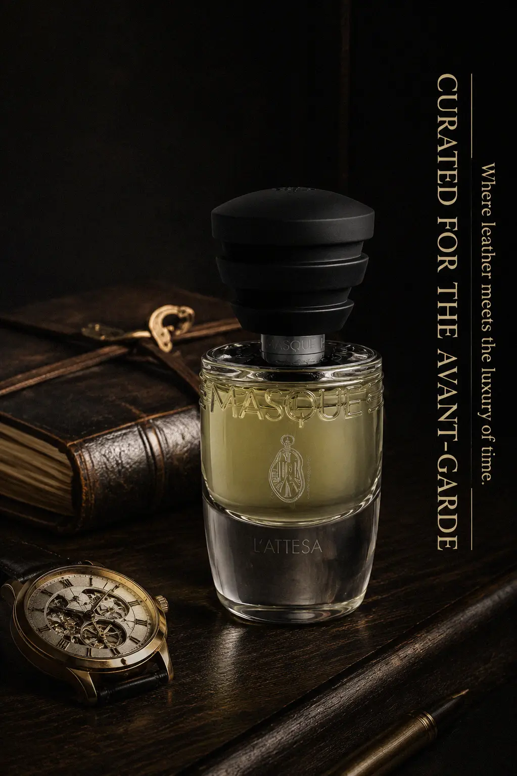 Luxury perfume aesthetic with leather and sandalwood