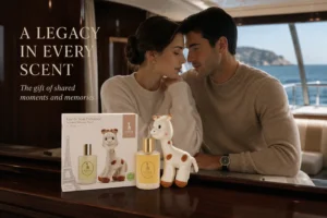 Sophie la Girafe 100ml fragrance bottle next to a small giraffe plush toy in gift box.