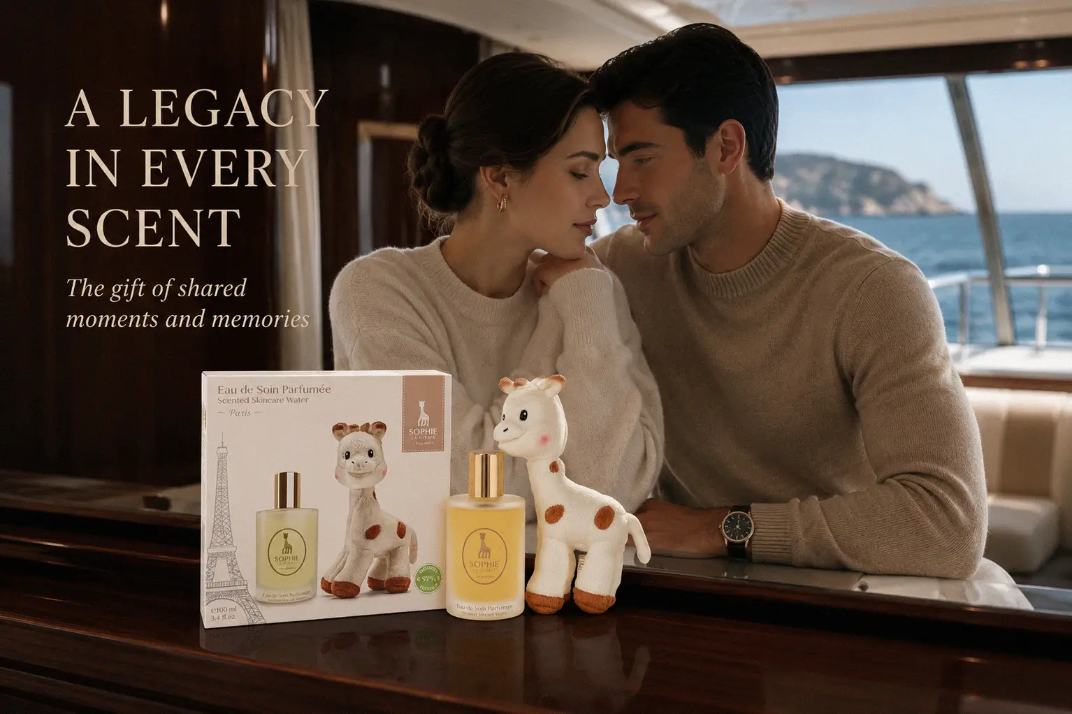Sophie la Girafe 100ml fragrance bottle next to a small giraffe plush toy in gift box.