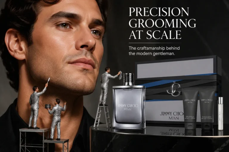 Four-piece Jimmy Choo Man set including silver fragrance bottle, black balm, and blue shower gel tube.
